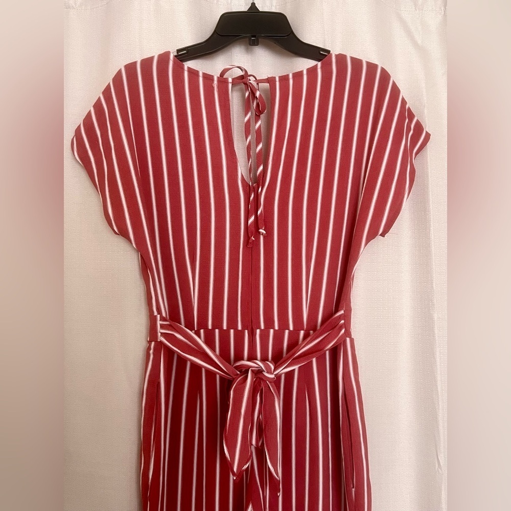 Burgundy White Striped Wide Leg Jumpsuit Pockets M - Picture 5 of 9